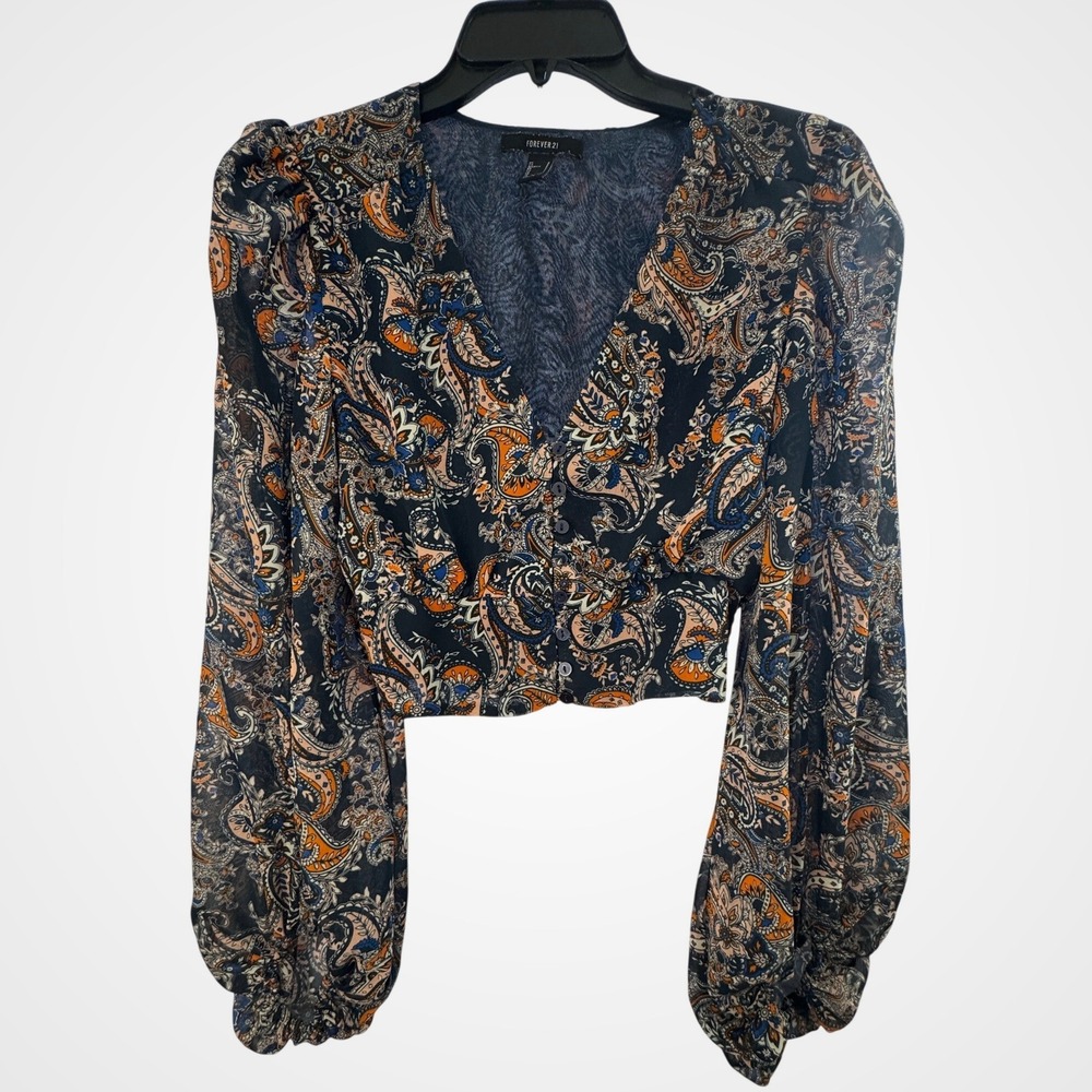 Forever 21 Paisley Crop Top Navy Blue‎ Balloon Sleeve Boho Whimsigoth Small